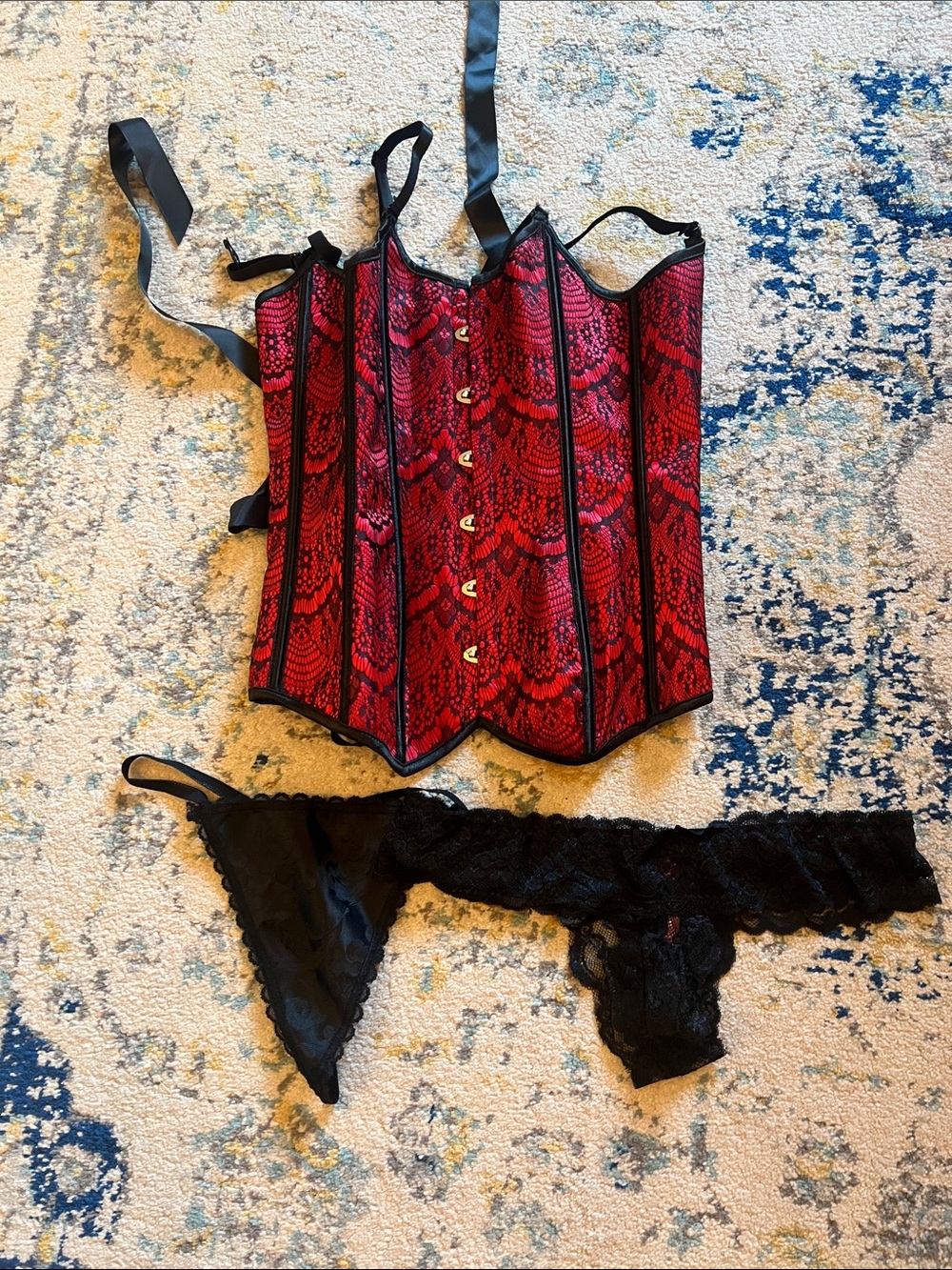 Adore Me Red Lace Overbust Corset with Black Trim